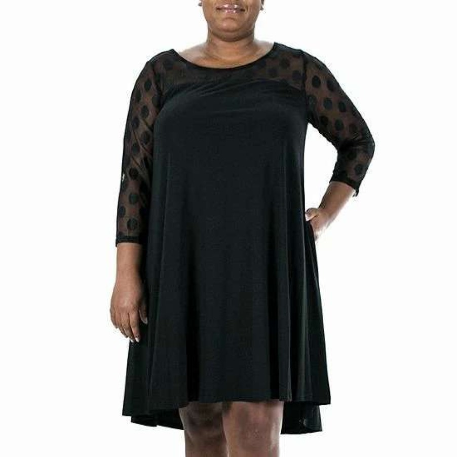 Womens * | Plus Size Nina Leonard Dot-Mesh Yoke Swing Dress