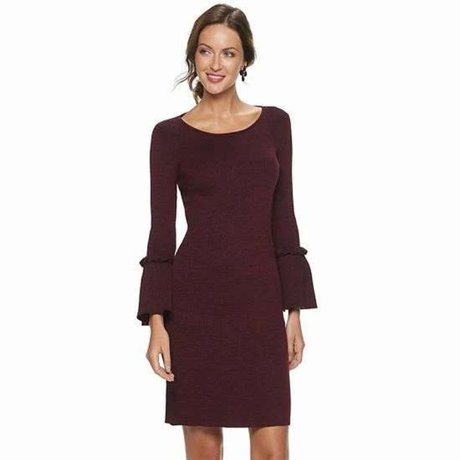 Womens * | Women'S Nina Leonard Bell Sleeve Ribbed Sweater Dress