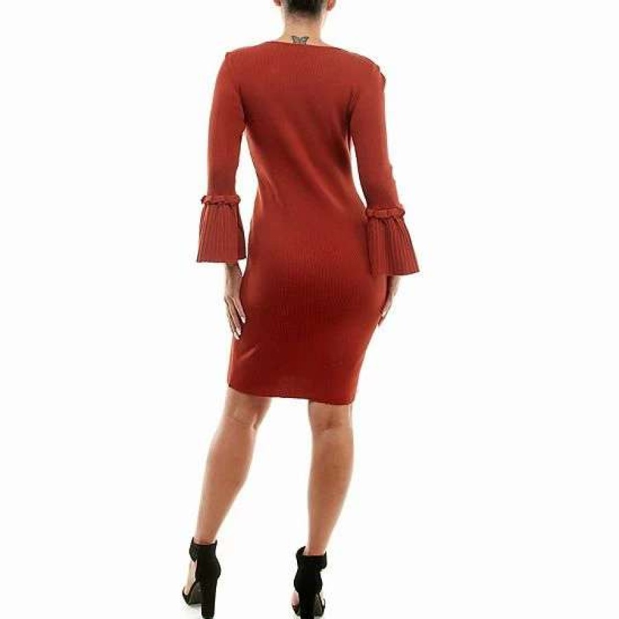 Womens * | Women'S Nina Leonard Bell Sleeve Ribbed Sweater Dress