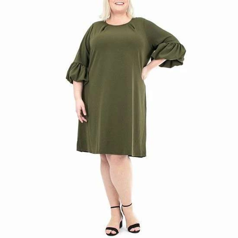 Womens * | Plus Size Nina Leonard Balloon-Sleeve Crepe Swing Dress