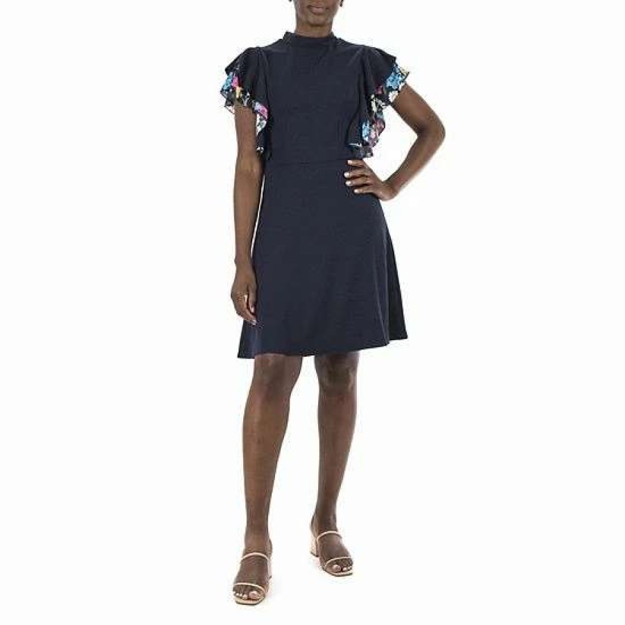 Womens * | Women'S Nina Leonard Crepe Flutter-Sleeve Dress