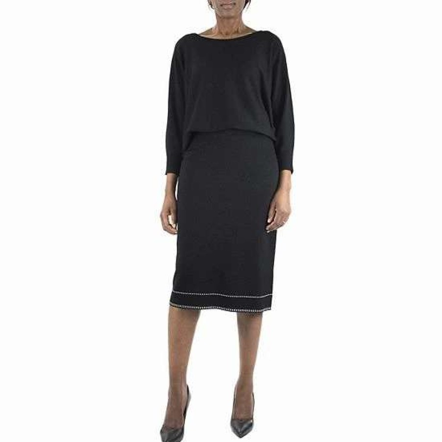 Womens * | Women'S Nina Leonard Boatneck Sweater & Pencil Skirt Set Black White