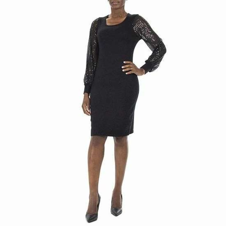 Womens * | Women'S Nina Leonard Sequin-Sleeve Sweater Dress