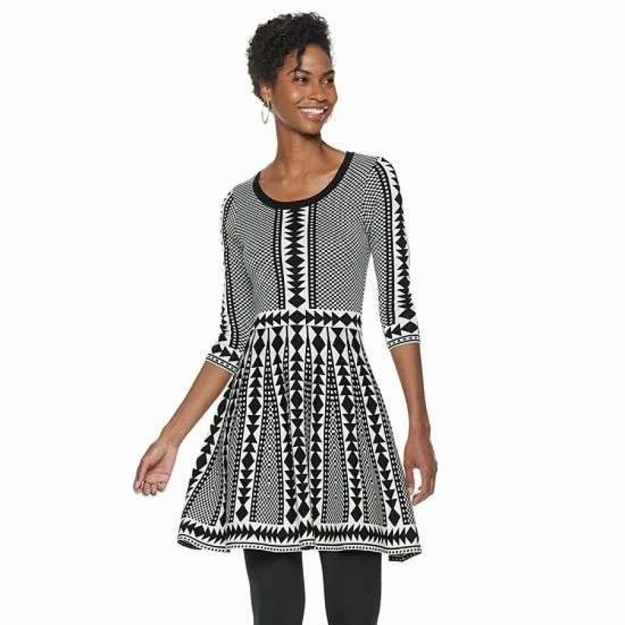 Womens * | Women'S Nina Leonard Geometric Fit & Flare Sweater Dress