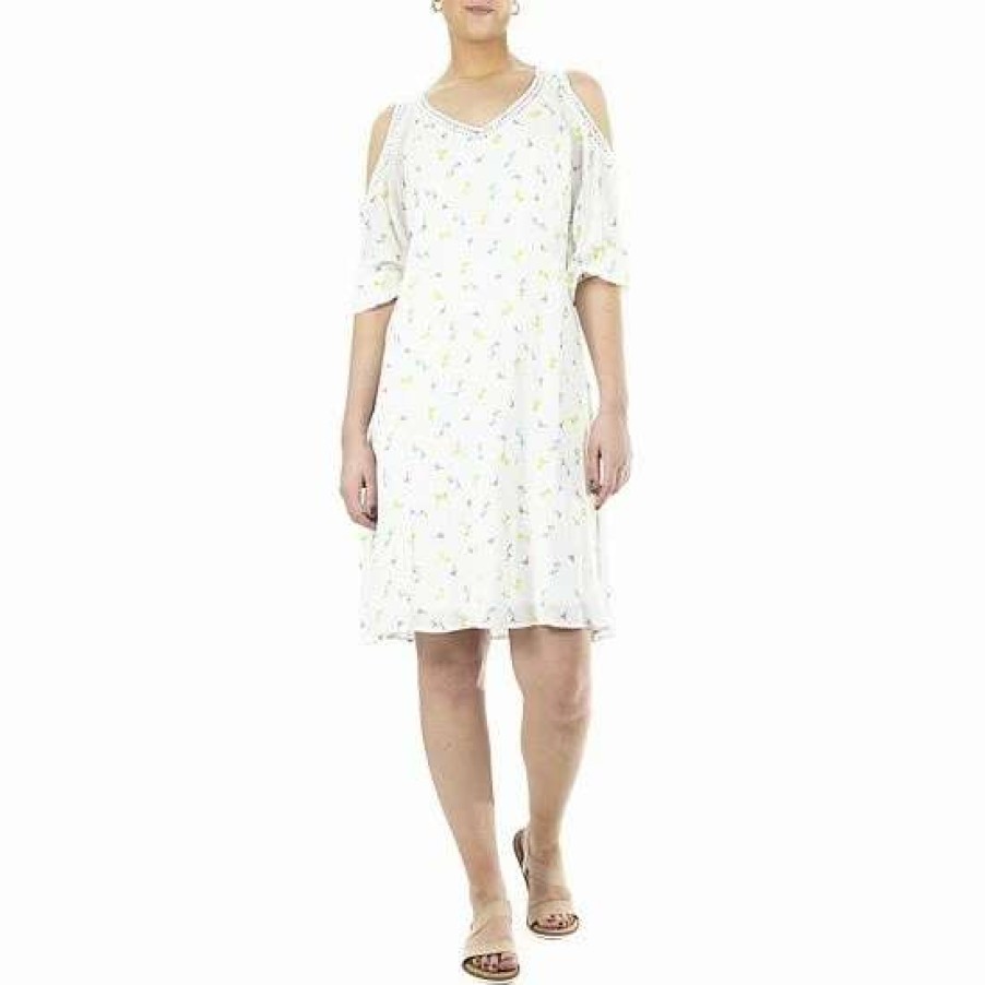 Womens * | Women'S Nina Leonard Print Crochet Cold-Shoulder Swing Dress White Multi