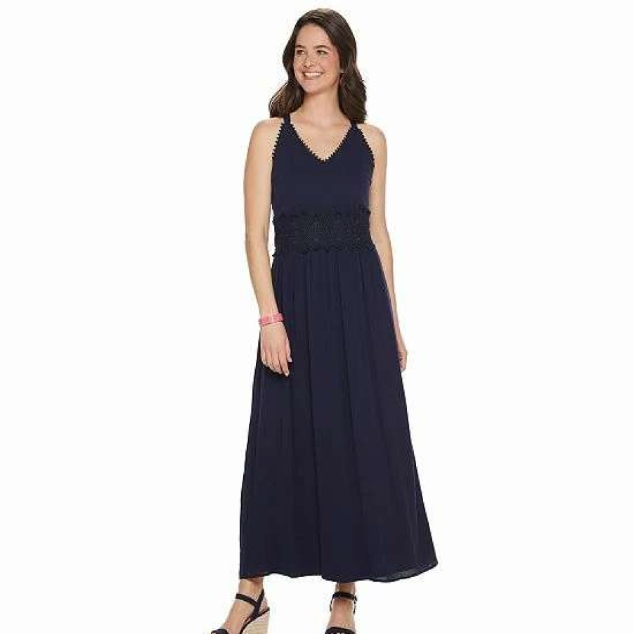 Womens * | Women'S Nina Leonard Crochet Trim Maxi Dress