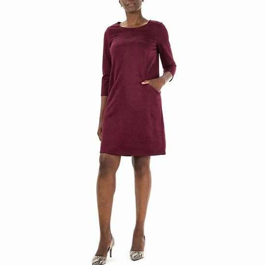 Womens * | Women'S Nina Leonard Jewelneck Three Quarter Sleeve Trapeze Dress