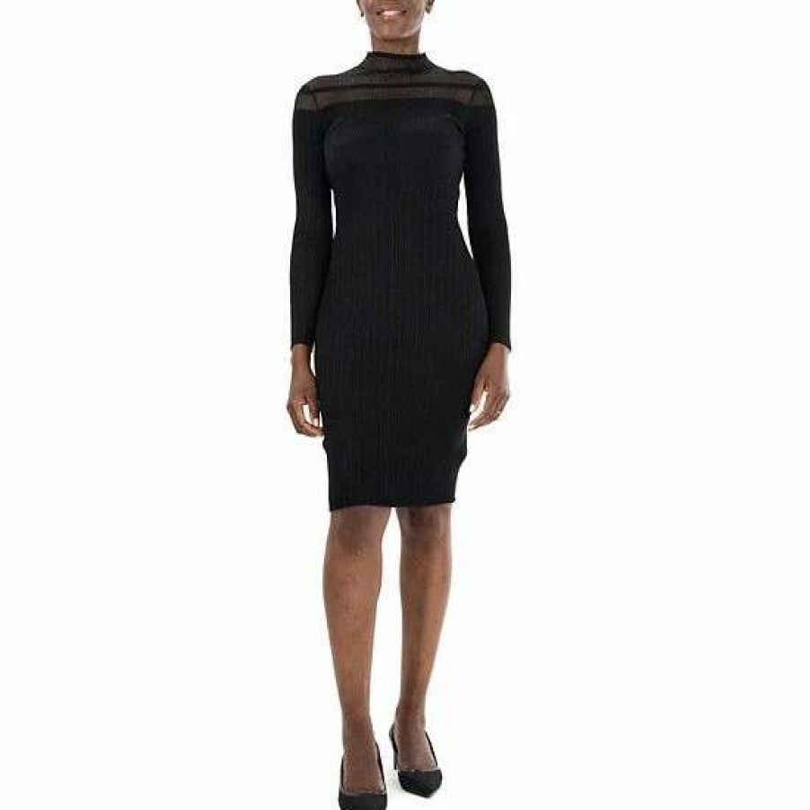 Womens * | Women'S Nina Leonard Mockneck Long Sleeve Midi Sweater Dress