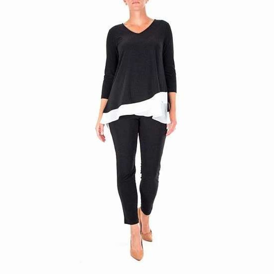 Womens * | Women'S Nina Leonard Colorblock Chiffon Tunic & Slim Cut Pant Set Black Ivory