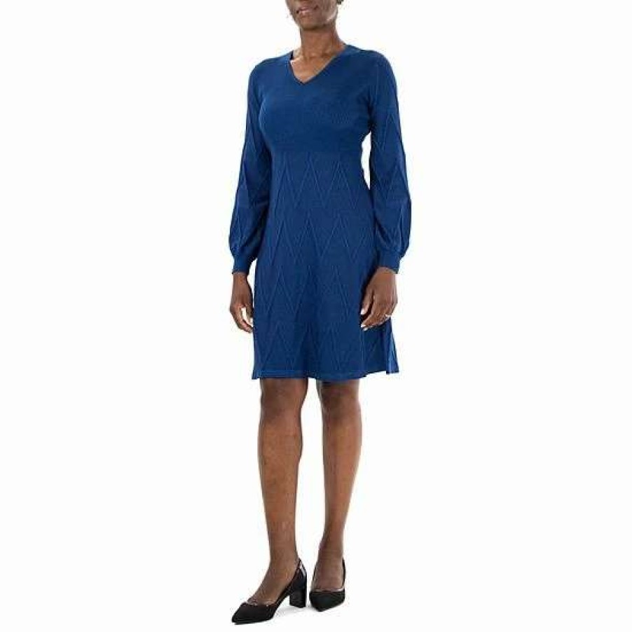 Womens * | Women'S Nina Leonard Textured Balloon Sleeve Sweaterdress